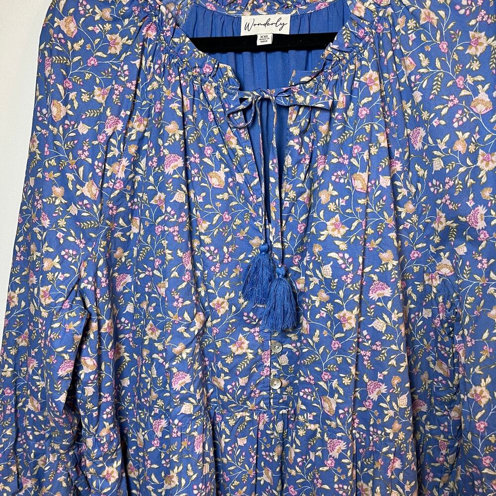 Wonderly Peasant Midi Dress Blue Floral Size 2X Cottage Boho Romantic XXL Ruffle - Picture 7 of 10